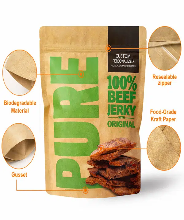 Beef jerky packaging with features highlighted