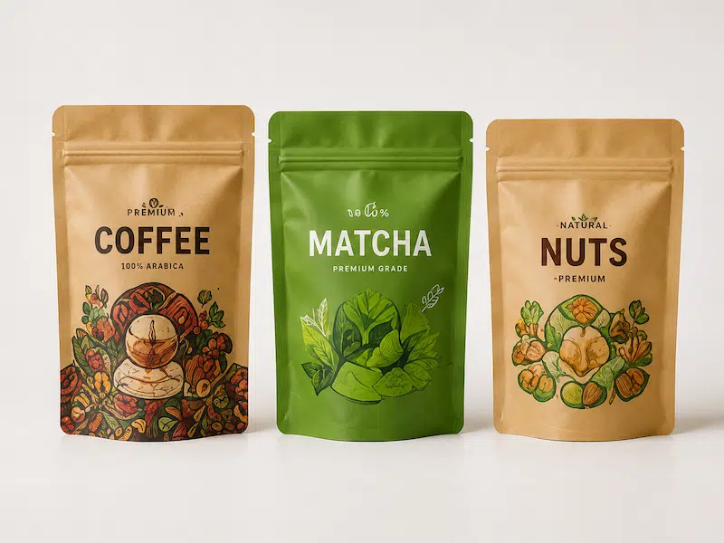Printed coffee, matcha, and nut pouches