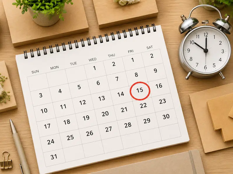 Desk calendar with a circled date, alarm clock, pen, kraft paper notes, and plants on a wooden workspace
