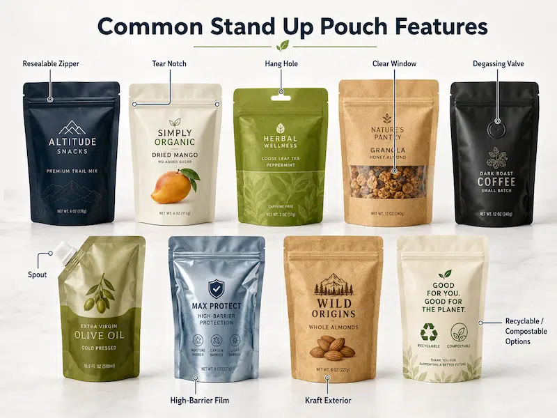 common stabd up pouch features
