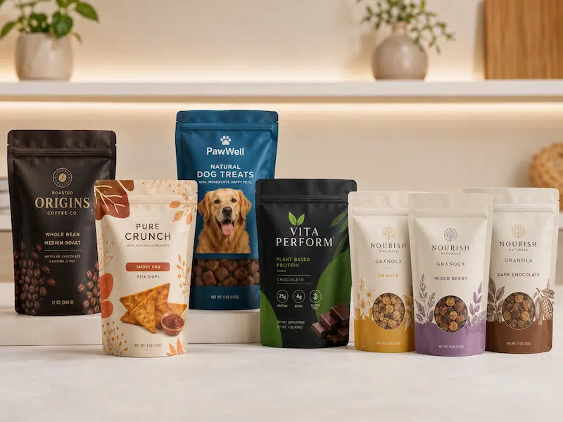 A collection of custom printed stand up pouches for coffee, snacks, pet treats, supplements, and private label packaging arranged on a clean retail-style display.