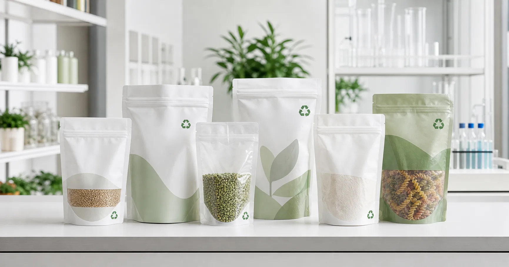 Are Stand Up Pouches Recyclable? Recyclable stand up pouches displayed on a clean packaging shelf