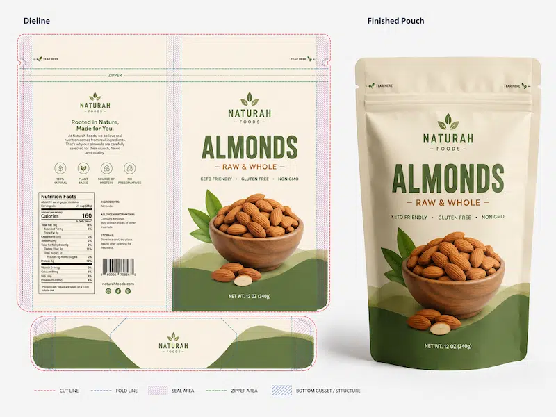 custom printed stand up pouches dieline