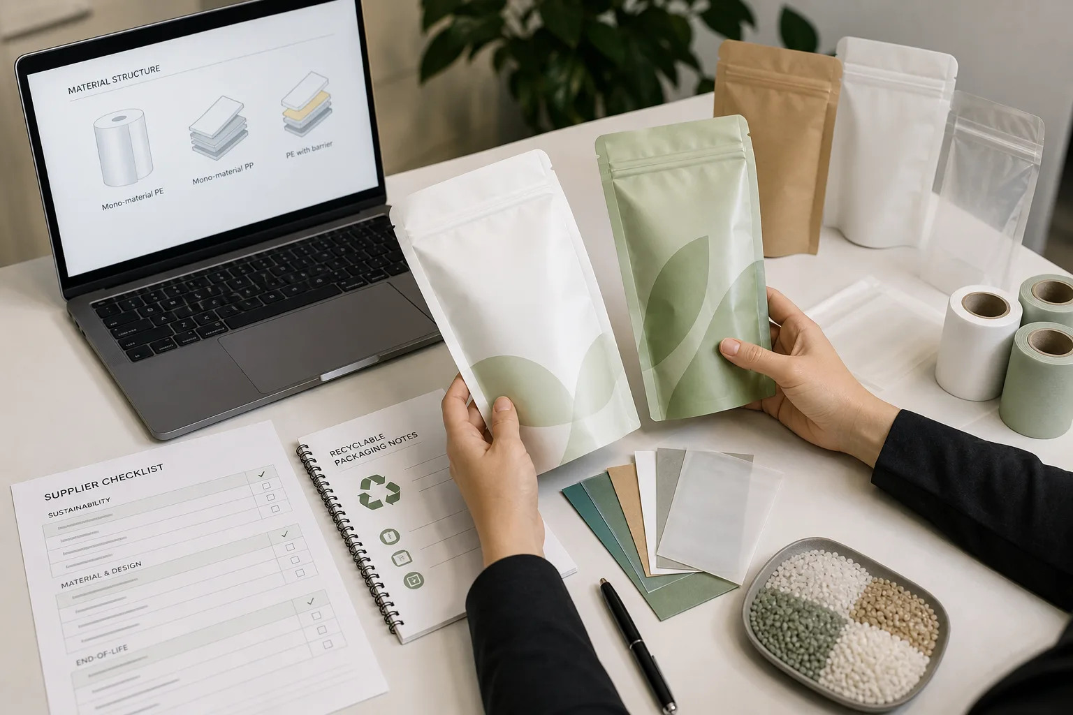 Supplier Checklist for Recyclable Stand Up Pouches Packaging buyer reviewing recyclable stand up pouch samples and supplier checklist documents