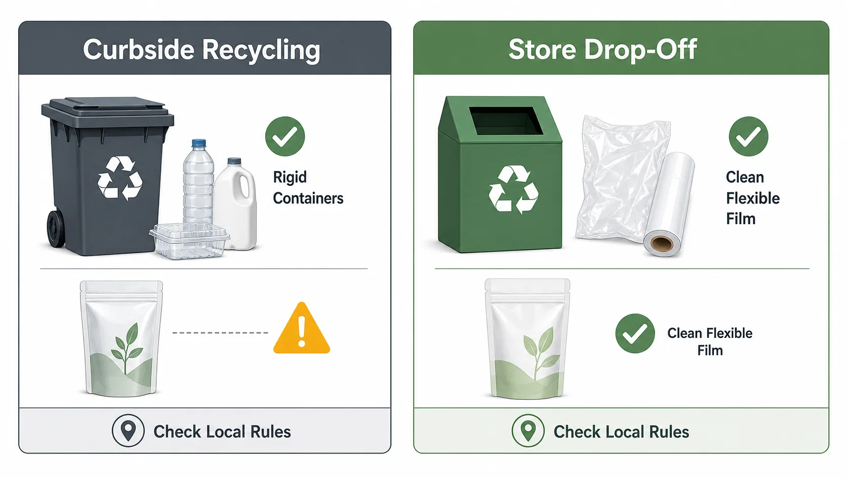 Curbside Recycling vs Store Drop-Off for Stand Up Pouches Infographic comparing curbside recycling and store drop-off options for stand up pouches