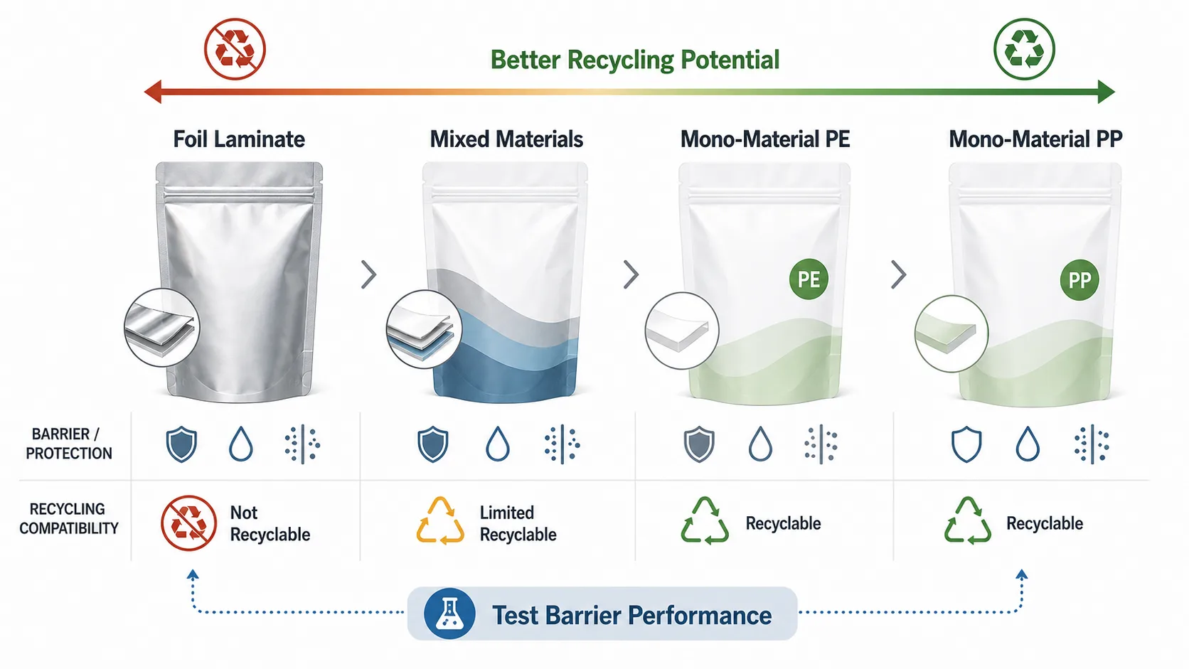 Stand Up Pouch Material Selection for Recycling Potential Material selection infographic comparing foil laminate, mixed material, mono-material PE, and mono-material PP stand up pouches