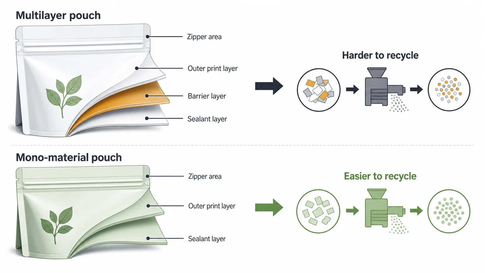 Stand Up Pouch Recycling Layer Comparison Infographic comparing multilayer stand up pouches and mono-material recyclable pouches