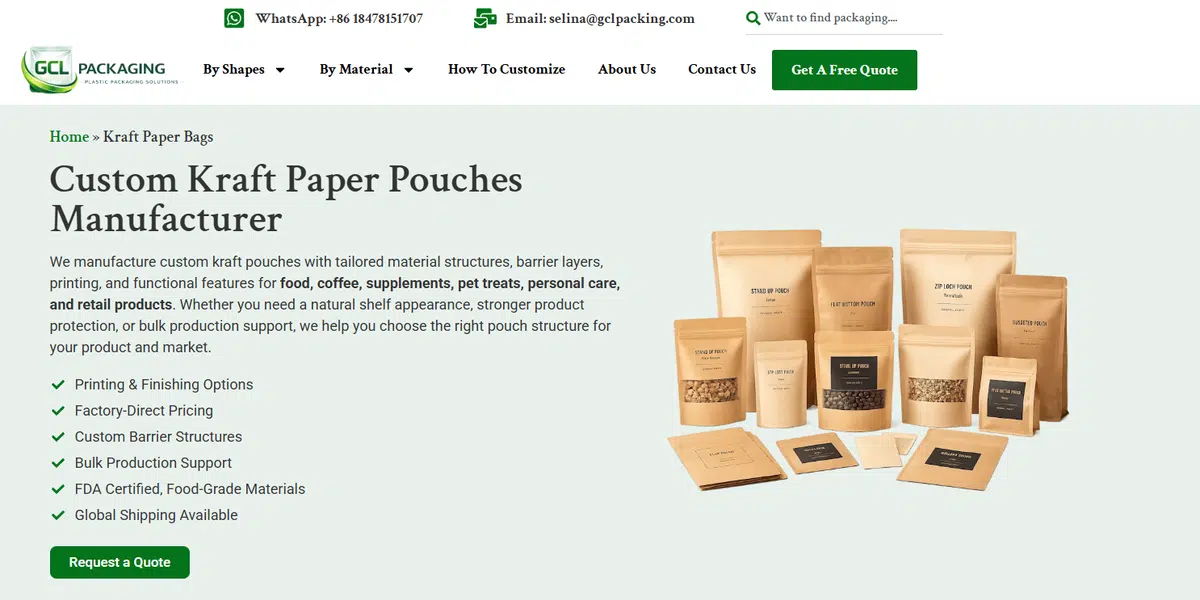 GCLPacking kraft pouches page screenshot